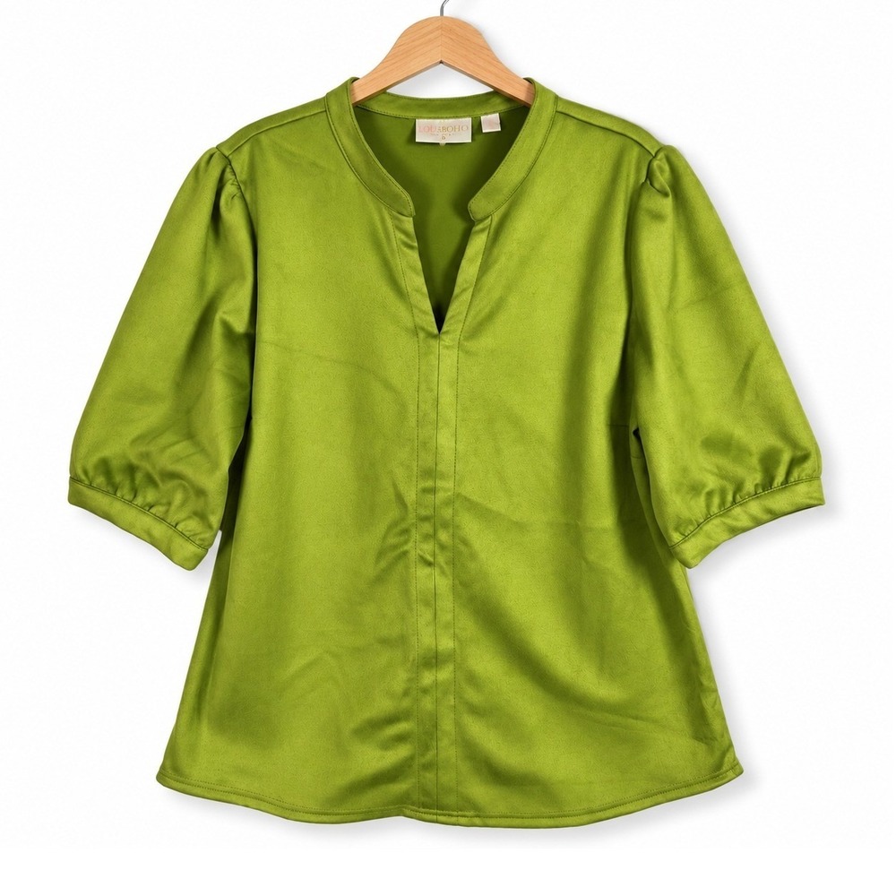 Belle Boho by Kim Gravel Womens Medium Kiwi PerSuede Me Puff Sleeve Top A663051